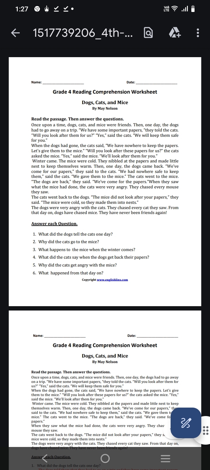 1 27 Name qquad Date qquad Grade 4 Reading Comprehension Worksheet D