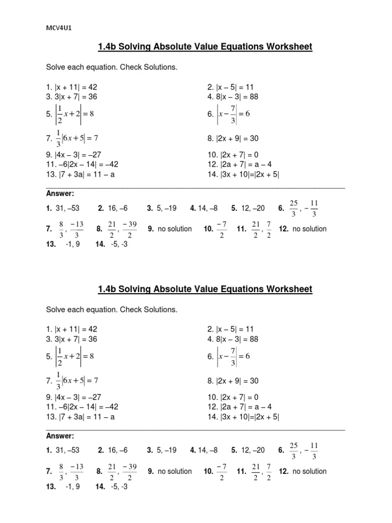 equations with absolute value worksheet