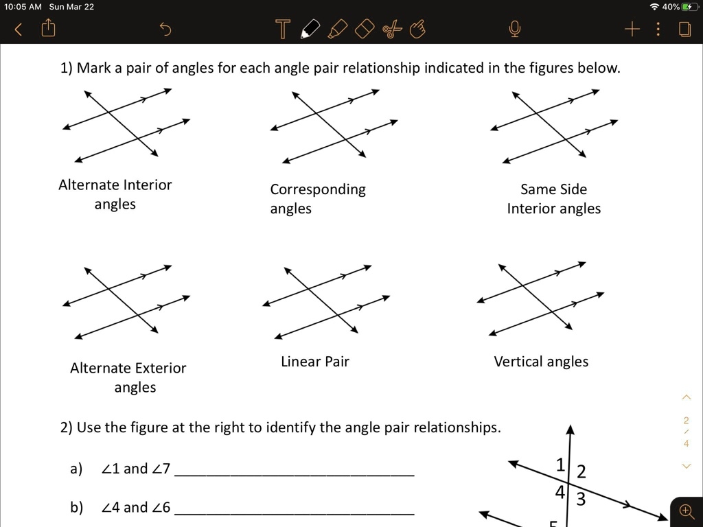 1 Mark A Pair Of Angles For Each Angle Pair Relationship 