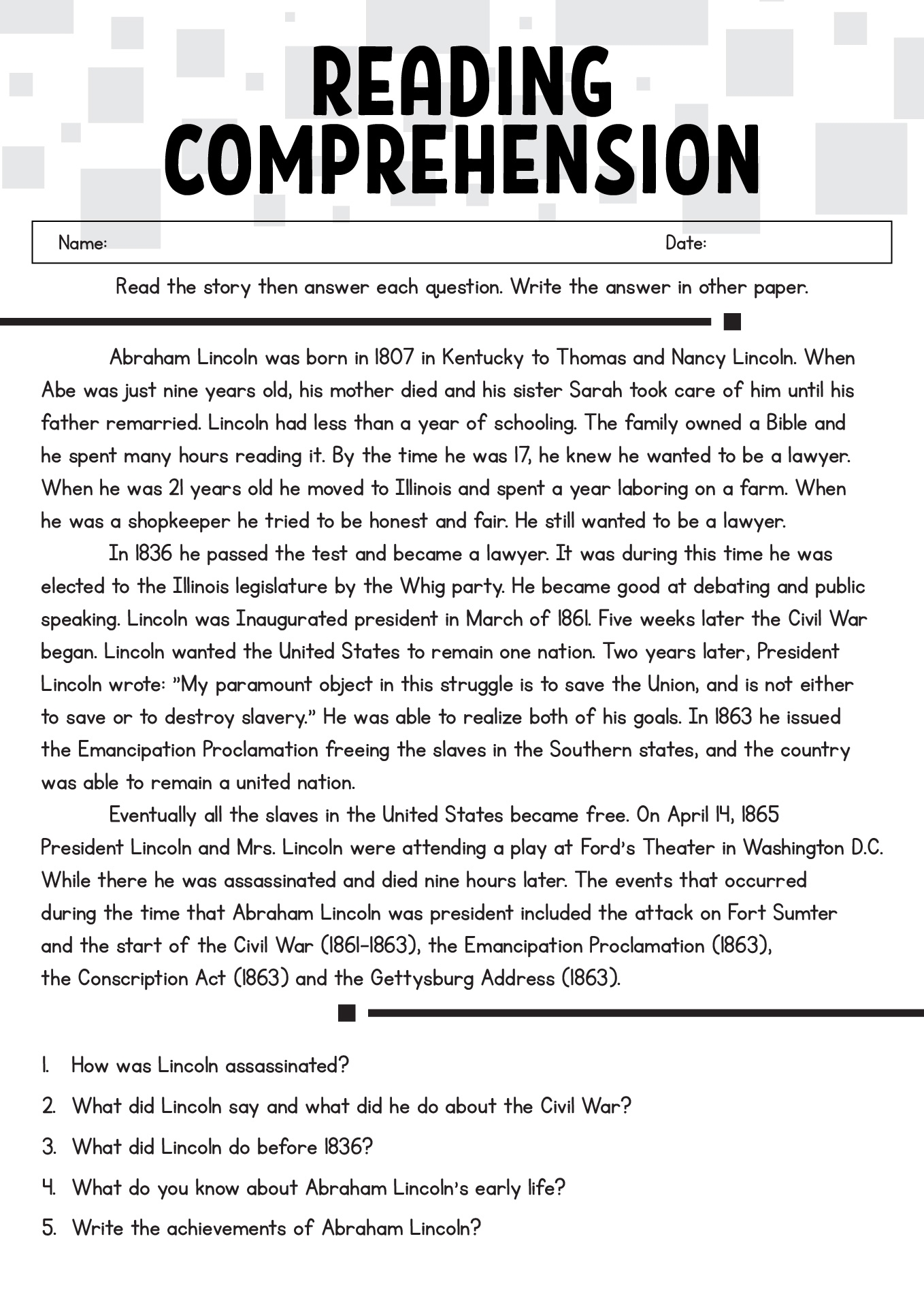 6th grade reading comprehension test