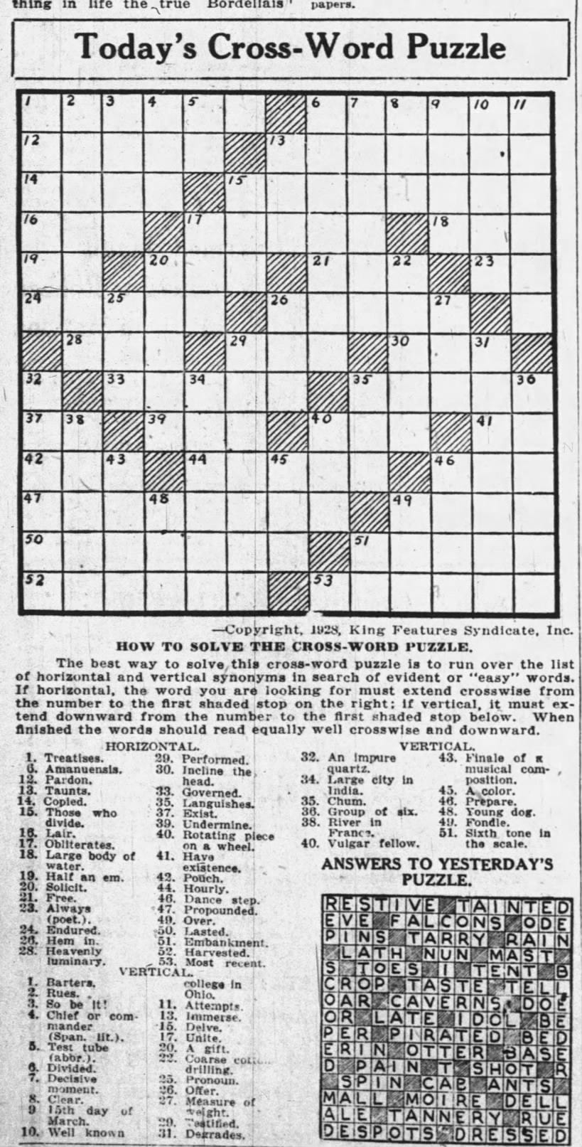 1928 The Year In Crosswords 1 Of 2 T Campbell s Grid