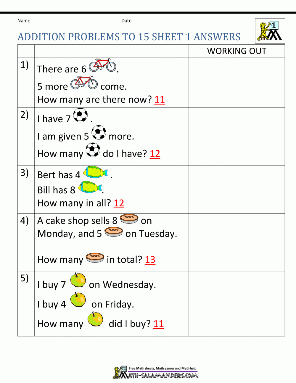 1st Grade Addition Word Problems