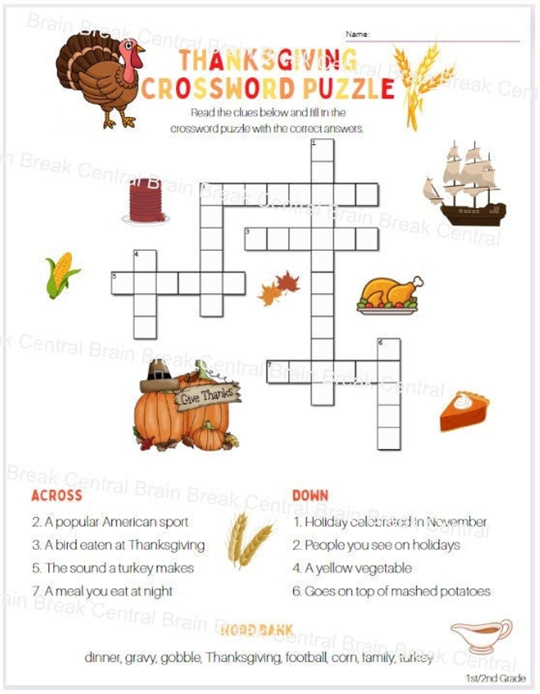 1st Grade Thanksgiving Crossword Puzzle With Word Bank And Answer Key Printable Etsy