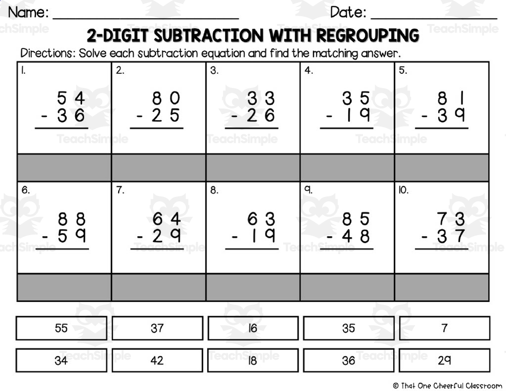 2 Digit Subtraction With Regrouping Matching Worksheet By Teach Simple