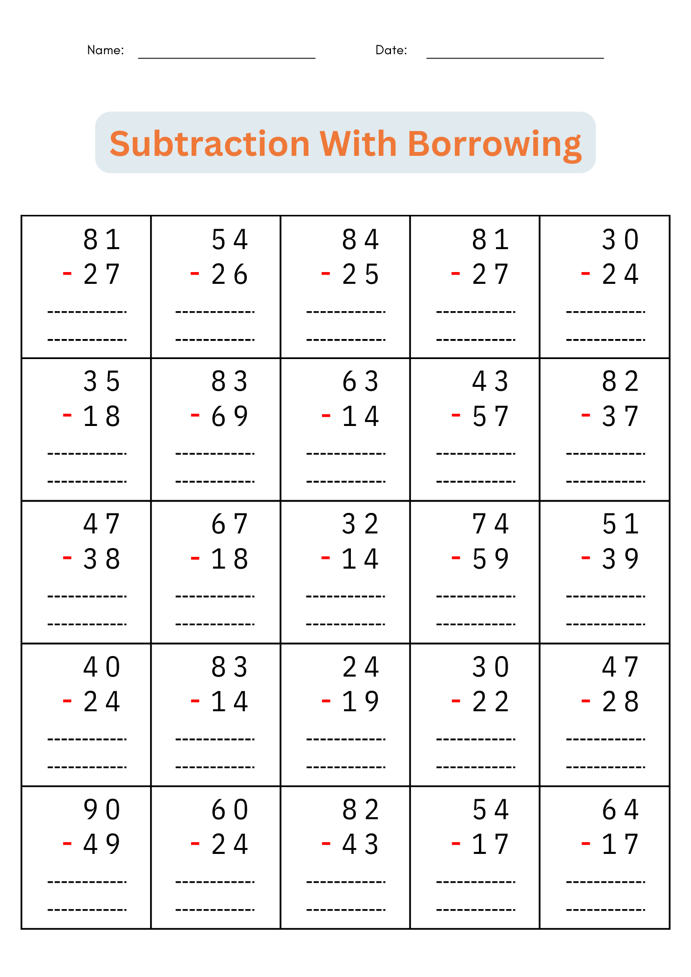 2 Digit Subtraction With Regrouping Number Math Worksheets For Grade 1 2 3 Made By Teachers