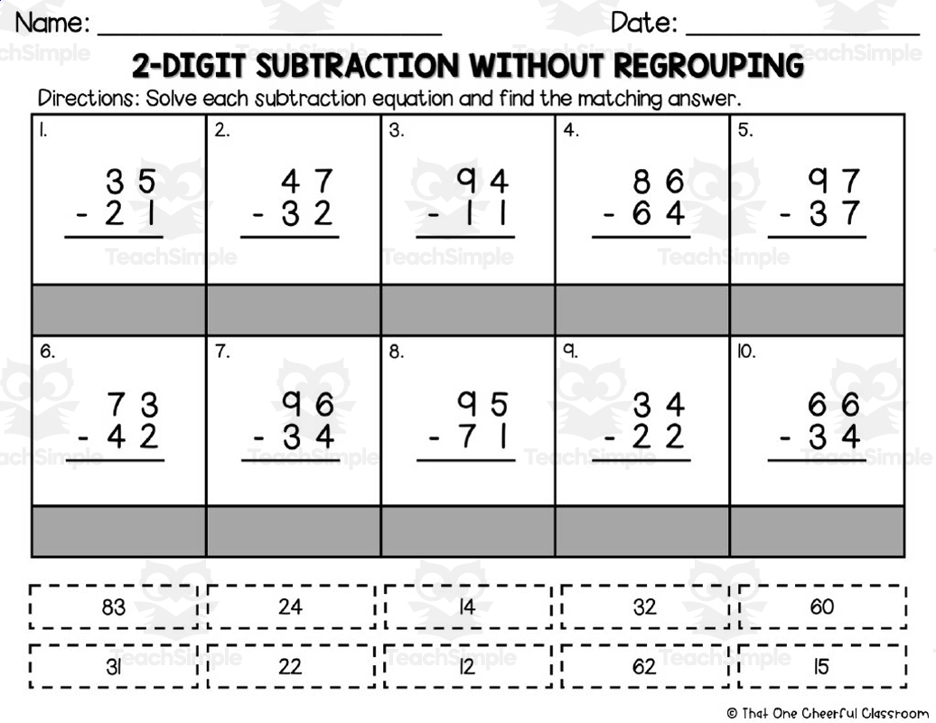 2 Digit Subtraction Without Regrouping Matching Worksheet By Teach Simple 2 Digit Subtraction Without Regrouping Matching Worksheet By Teach Simple