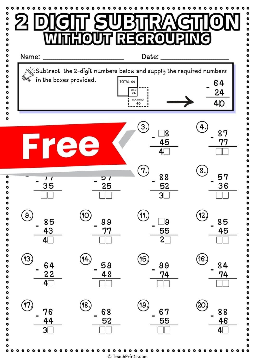 2 Digit Subtraction Without Regrouping Worksheets Teach Prints