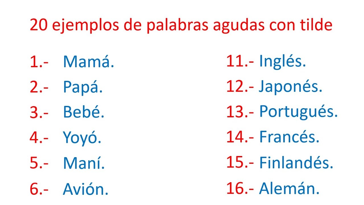 20 Ejemplos De Palabras Agudas Con Tilde YouTube