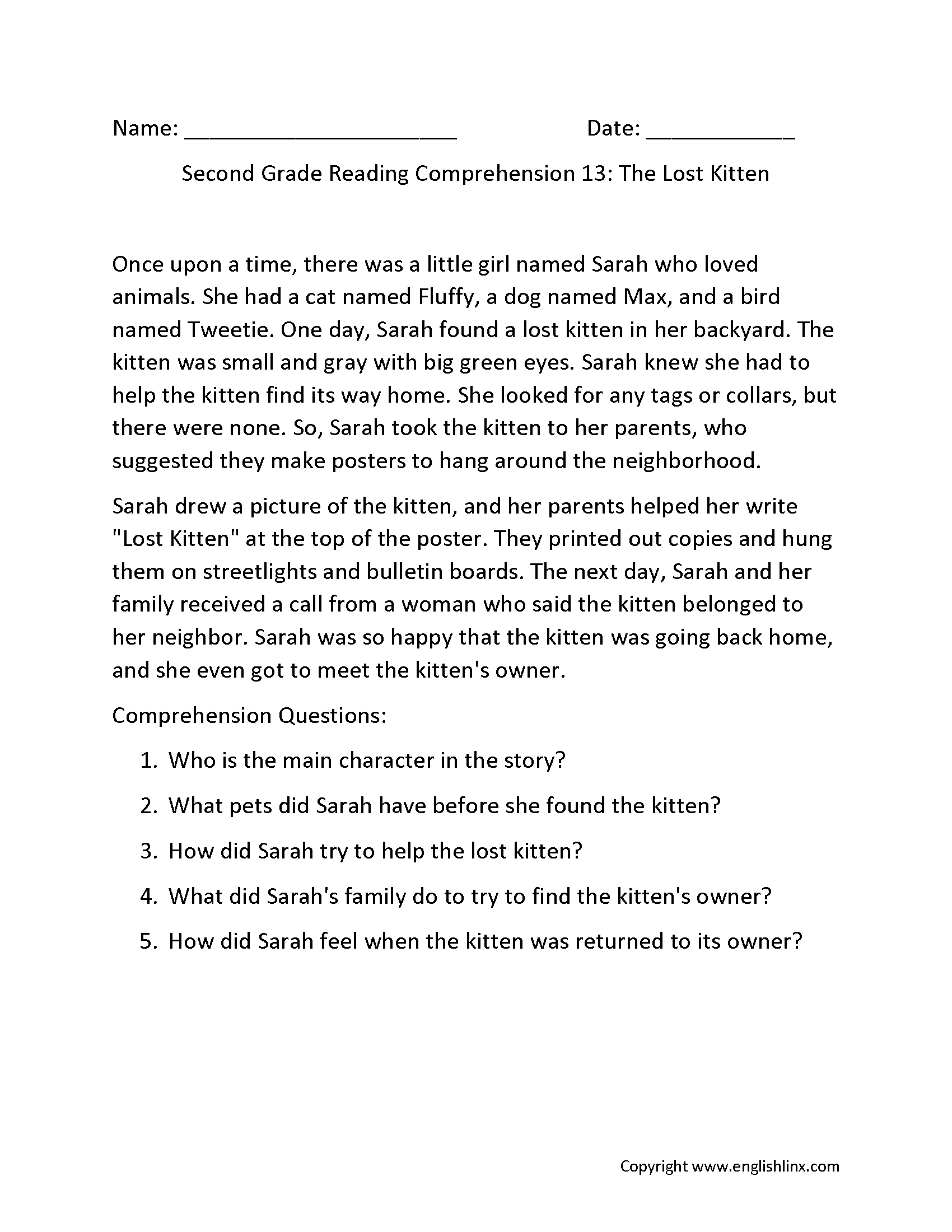 2nd Grade Reading Comprehension Worksheets Free Printable Passages Questions