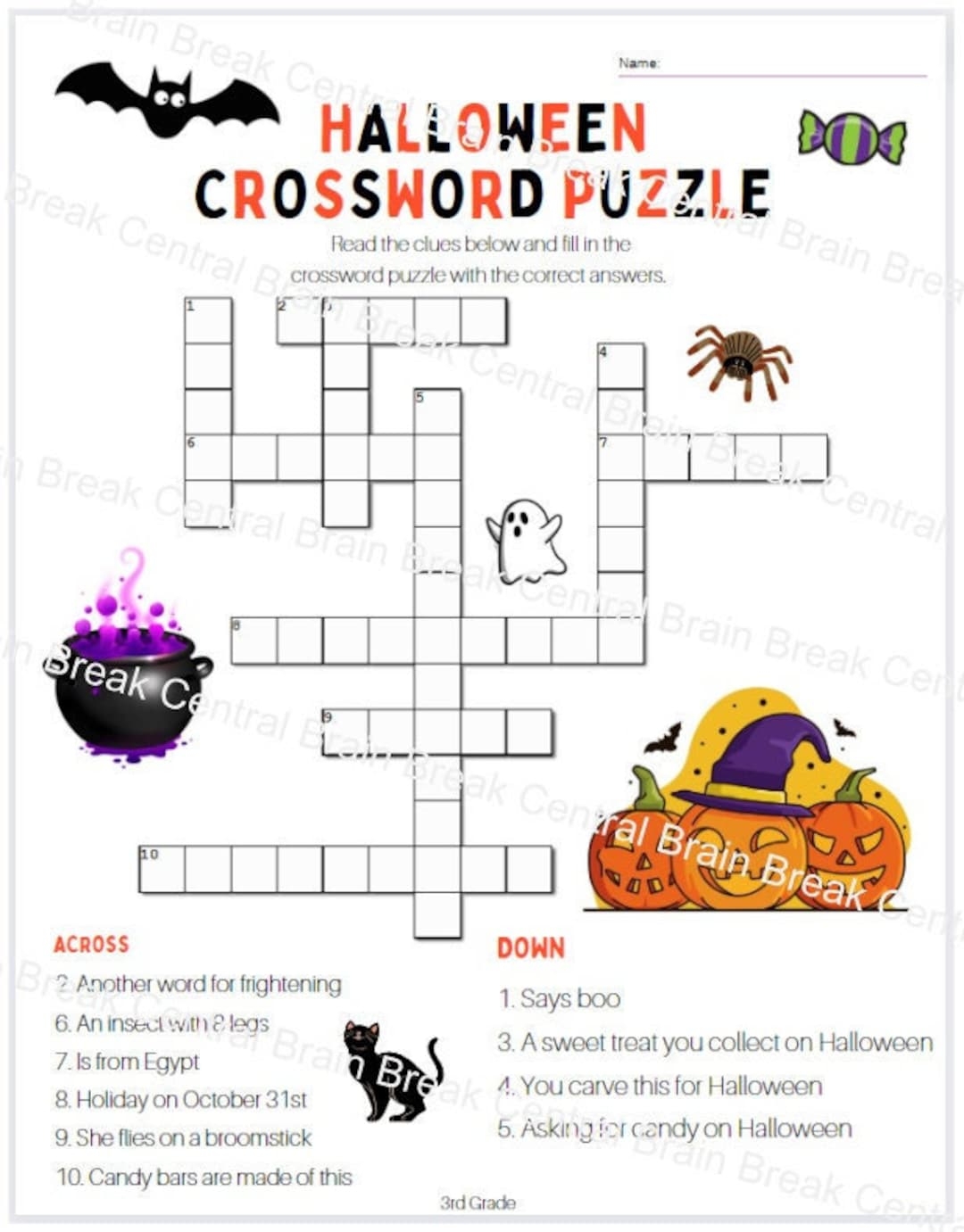 3rd Grade Halloween Crossword Puzzle With Answer Key Etsy Israel