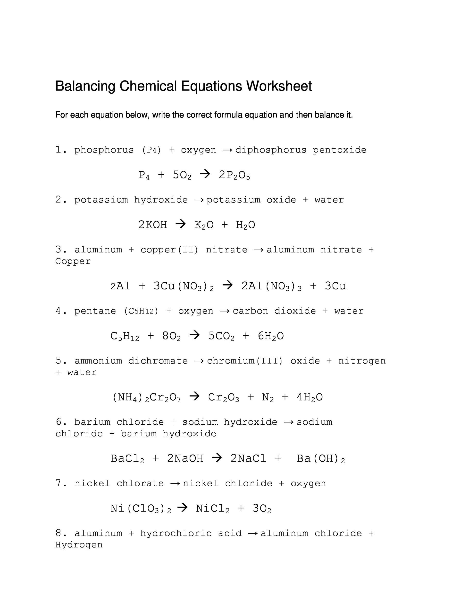 49 Balancing Chemical Equations Worksheets with Answers 