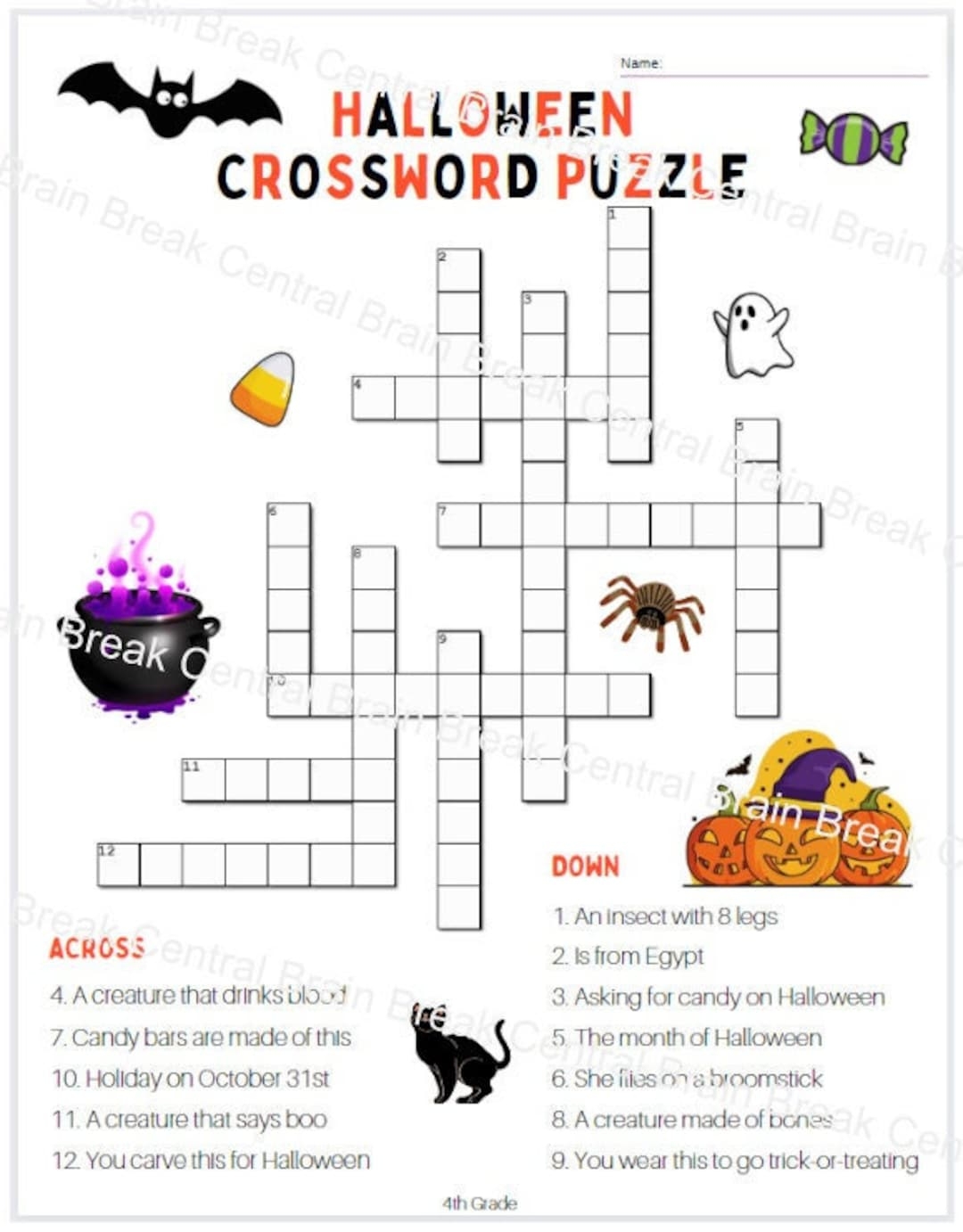 4th Grade Halloween Crossword Puzzle With Answer Key Etsy Hong Kong