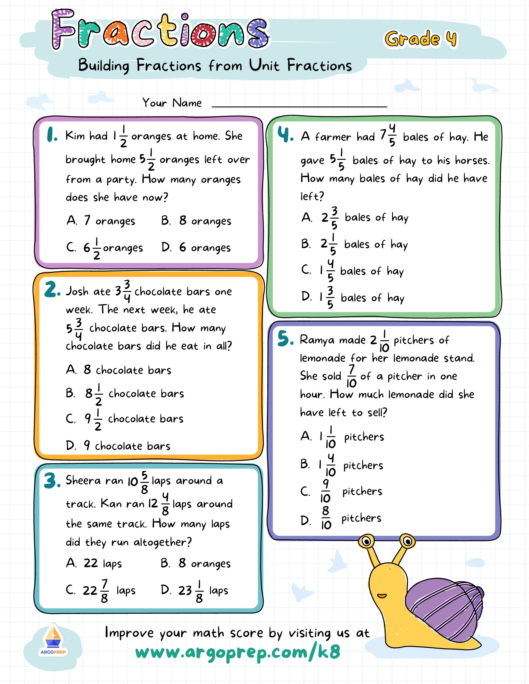 4th Grade Measurement Word Problems Addition And Subtraction Of Mixed Numbers Worksheets For Free ArgoPrep