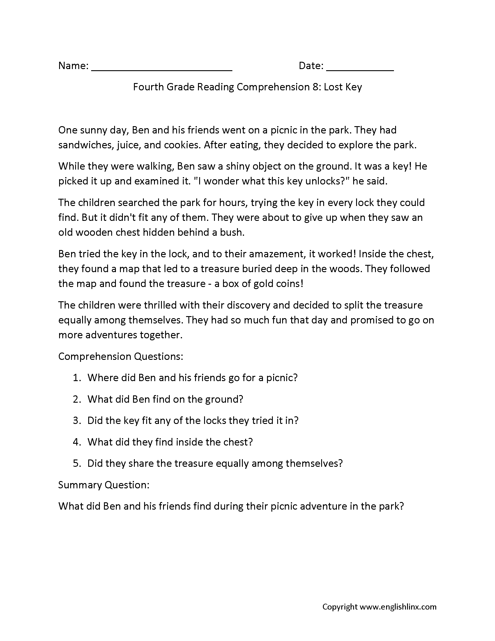 4th Grade Reading Comprehension Worksheets Free Printable Passages Questions