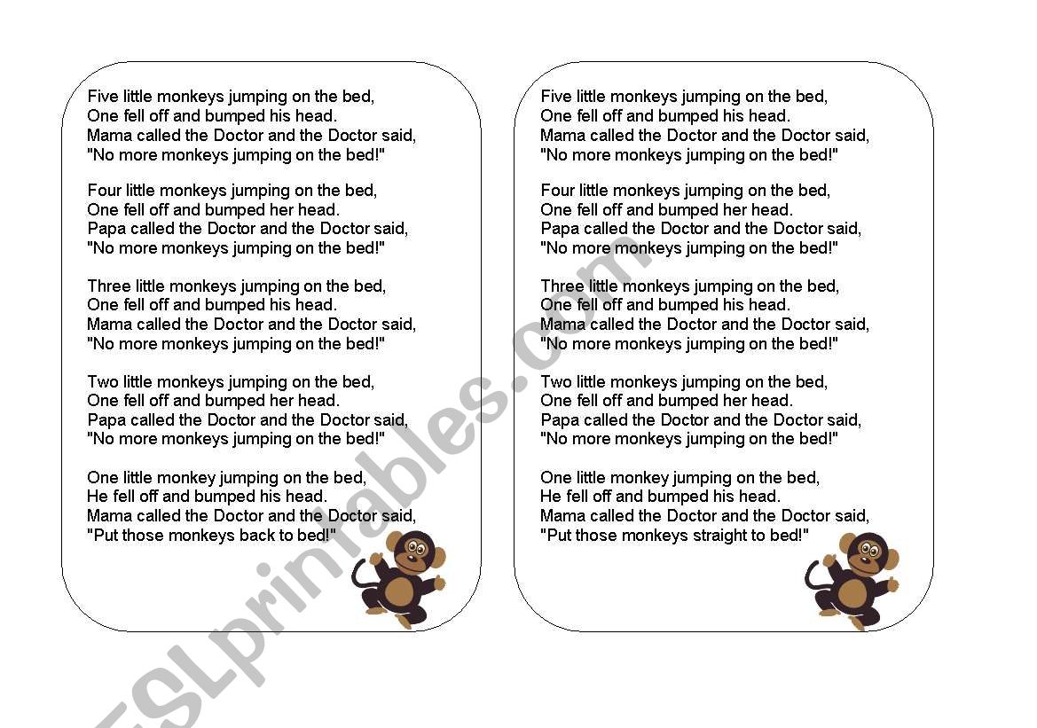 5 Little Monkeys Jumping On The Bed Lyrics Flashcards And Activity ESL Worksheet By Jen 304