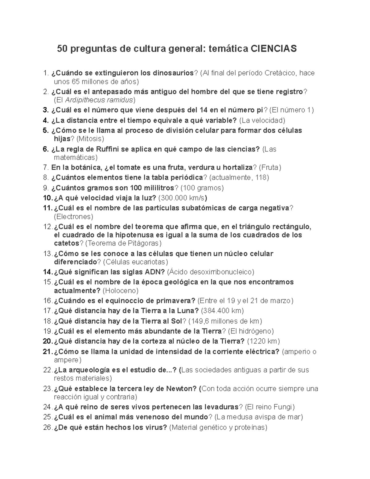 50 Preguntas De Cultura General Tem tica Ciencias Respuestas Y Explicaciones Studocu