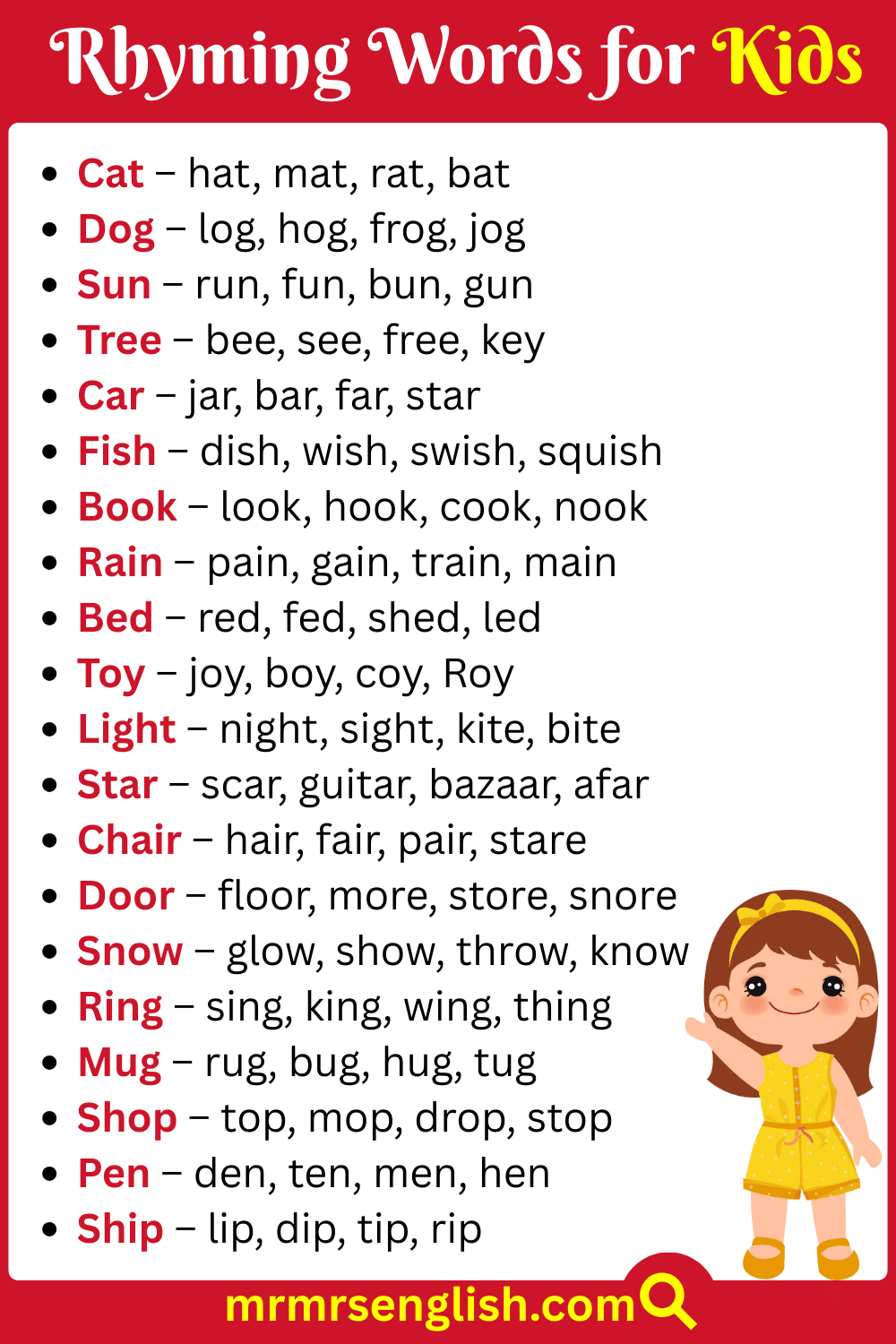 500 Rhyming Words For Kids In English With Pictures MR MRS ENGLISH