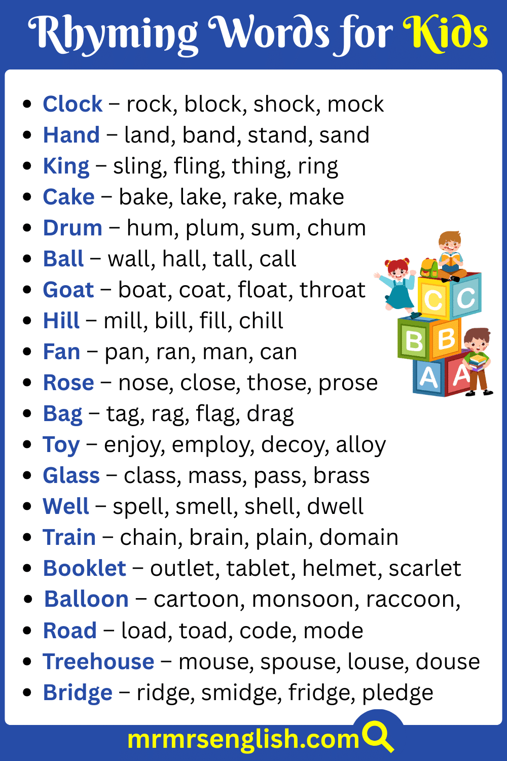 500 Rhyming Words For Kids In English With Pictures MR MRS ENGLISH