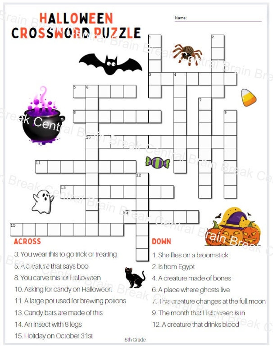 5th Grade Halloween Crossword Puzzle With Answer Key Etsy Israel