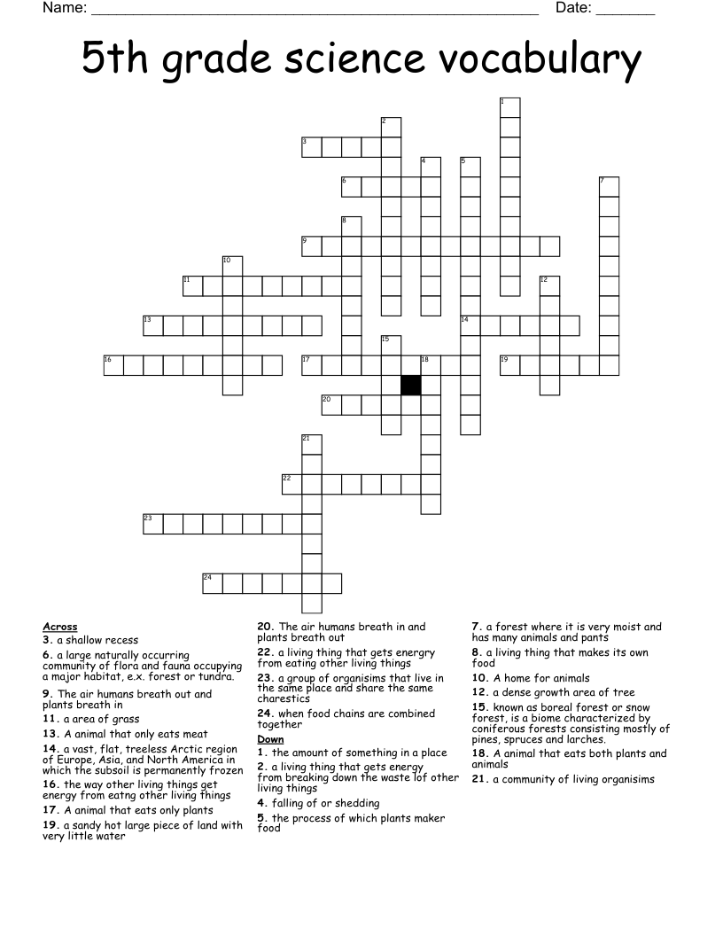 5th Grade Science Vocabulary Crossword WordMint
