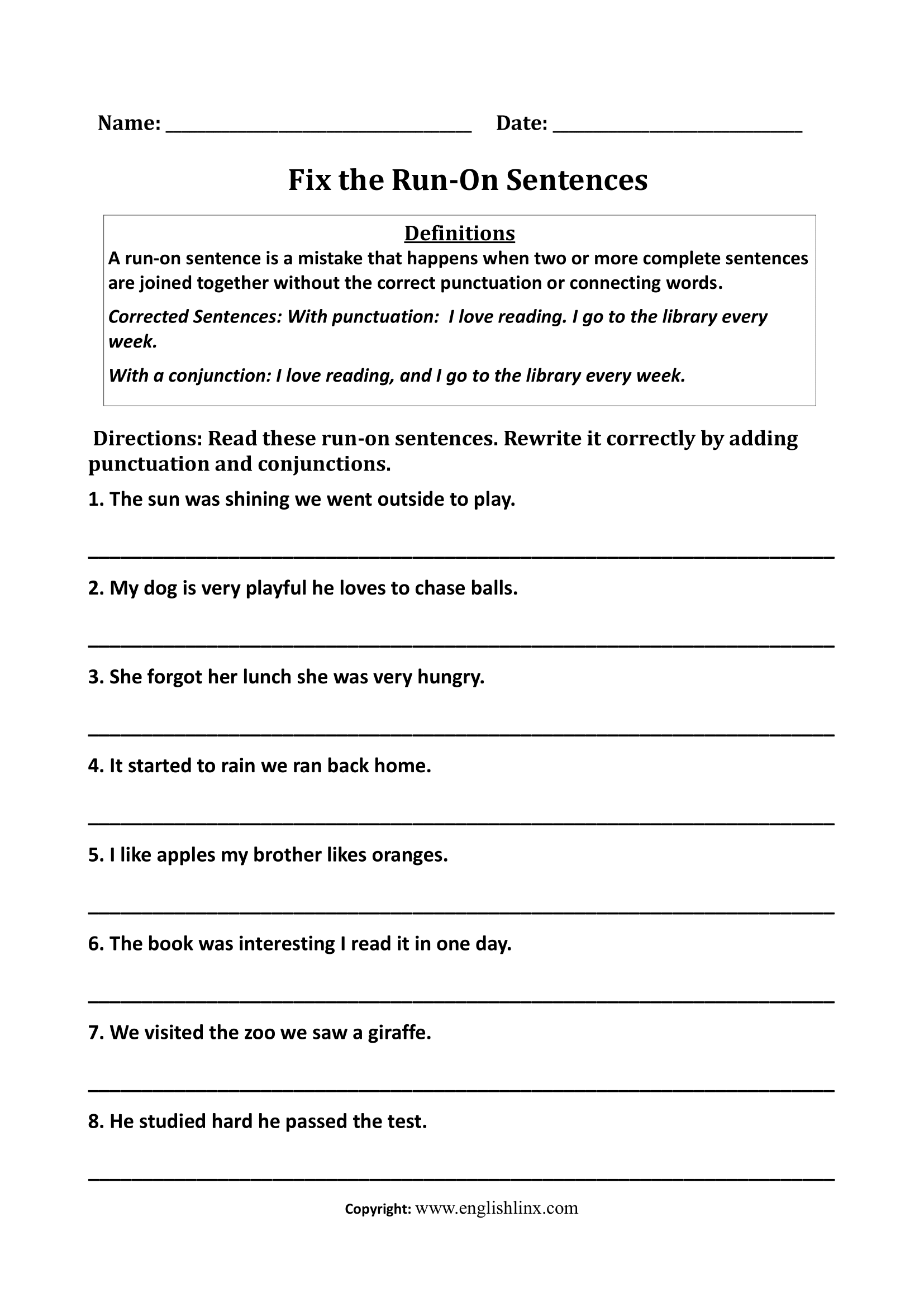 correct the sentence worksheet