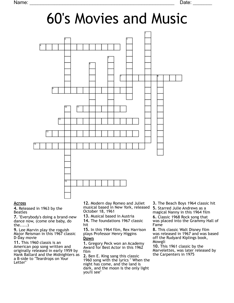 60 s Movies And Music Crossword WordMint
