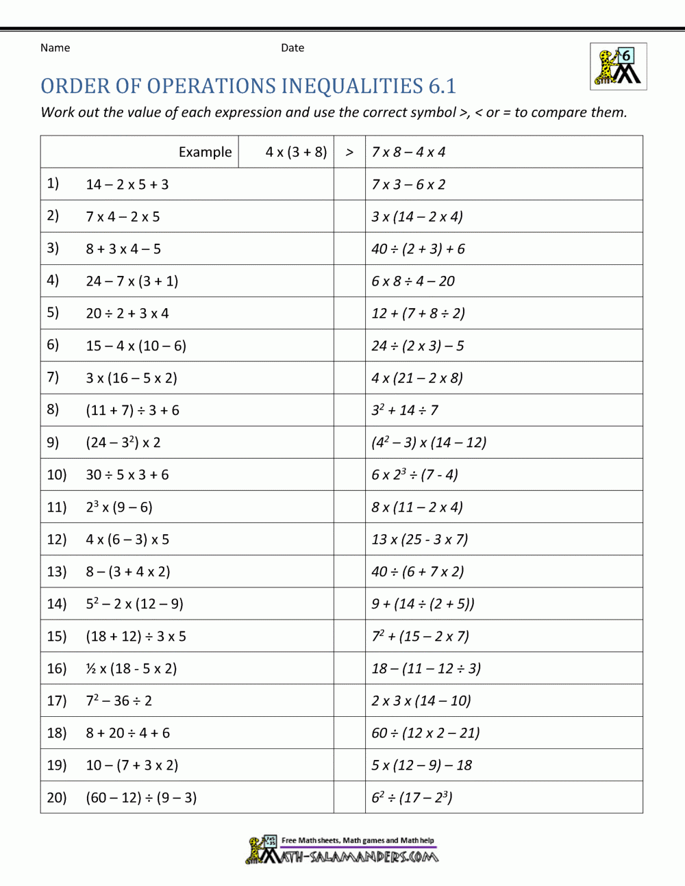 6th Grade Order Of Operations Worksheets