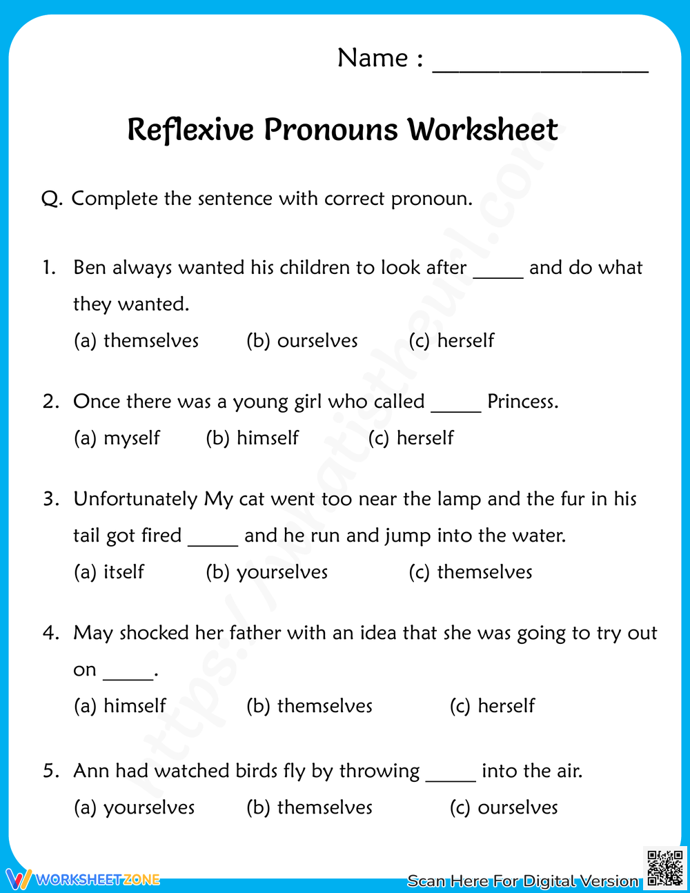 6th Grade Reflexive Pronouns Practice Grammar Skills Worksheet