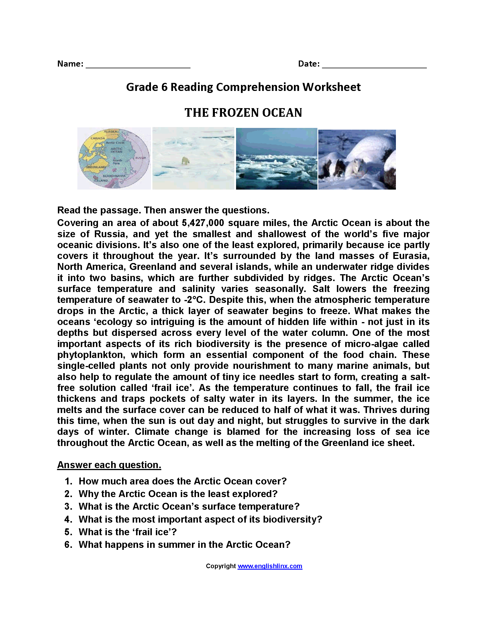 sixth grade reading comprehension worksheets