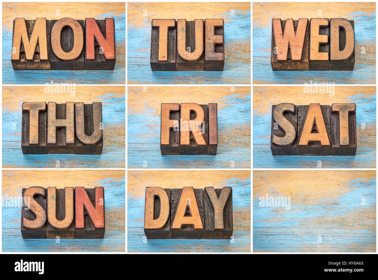 A Set Of Days Of Week abbreviations In Vintage Letterpress Wood Type Against Grunge Wooden Background Stock Photo Alamy