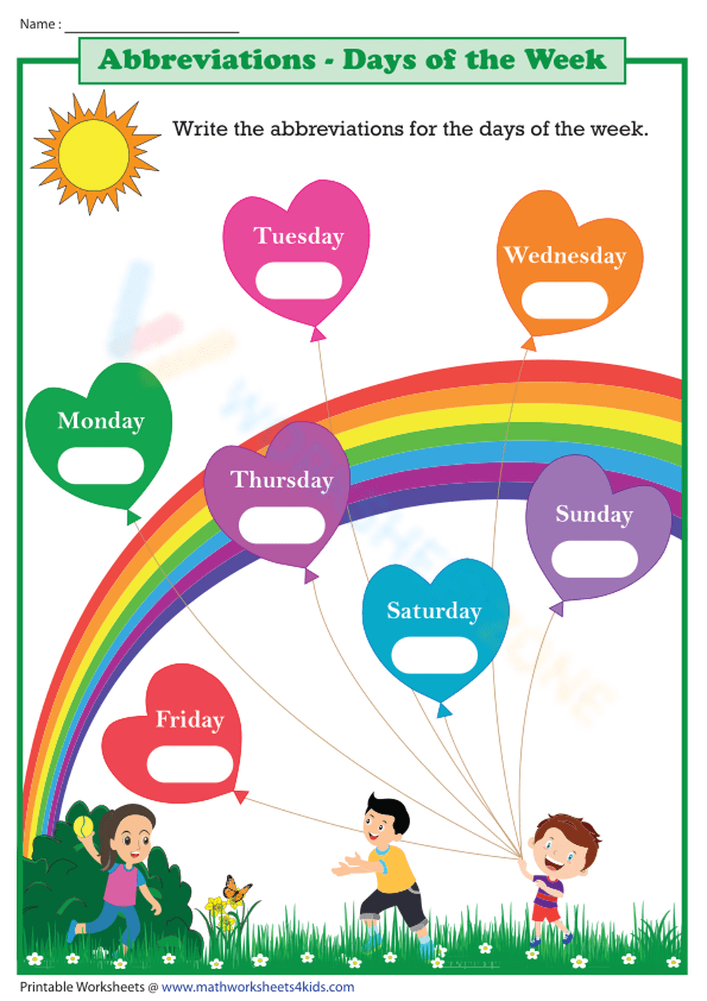 Abbreviations Days Of The Week Worksheet