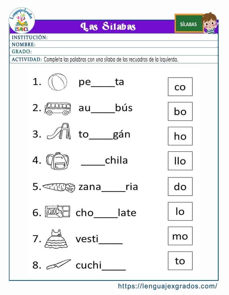 ficha de silabas para primer grado