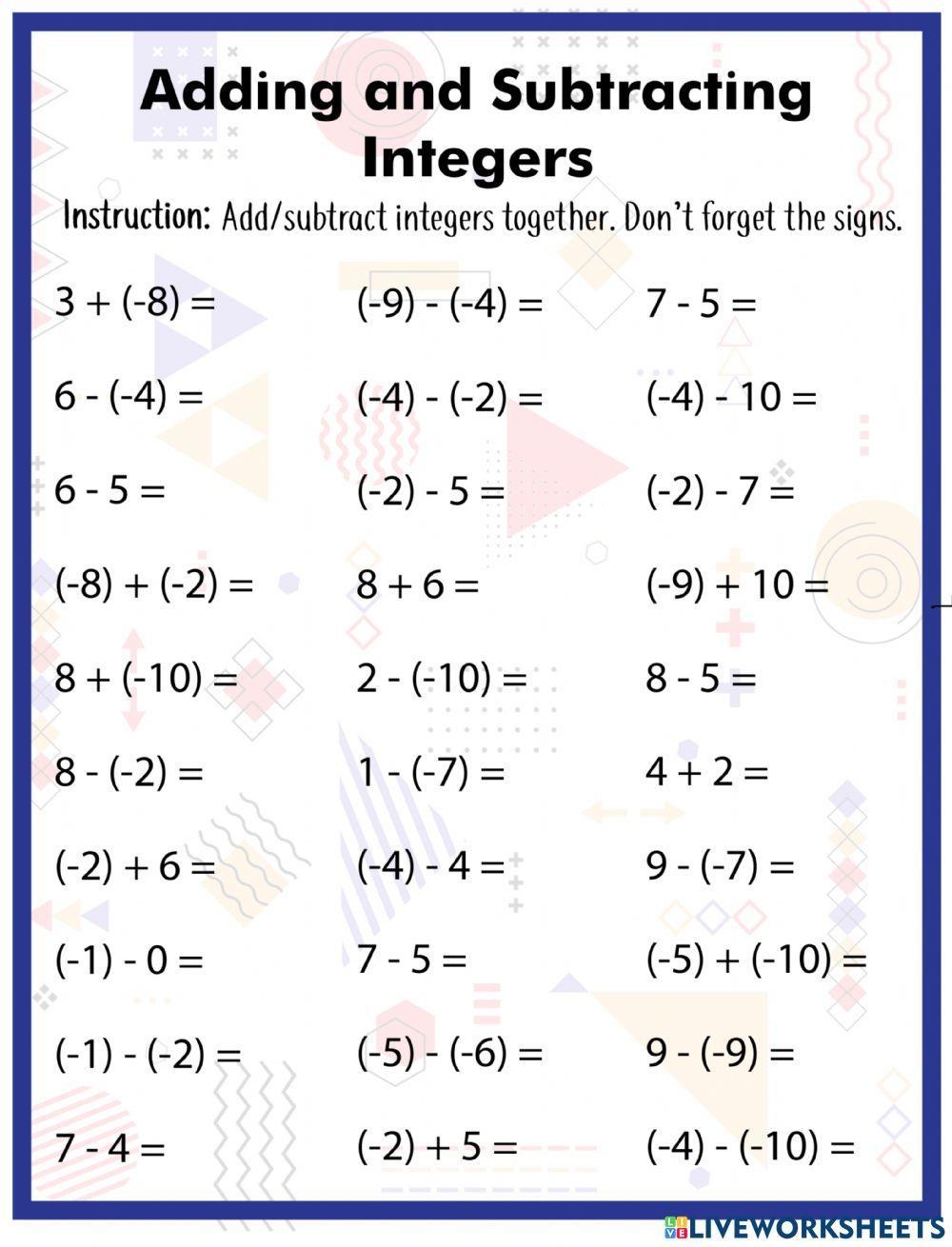 Add And Subtract Integers Worksheet For 6th 8th Grade Lesson Worksheets Library