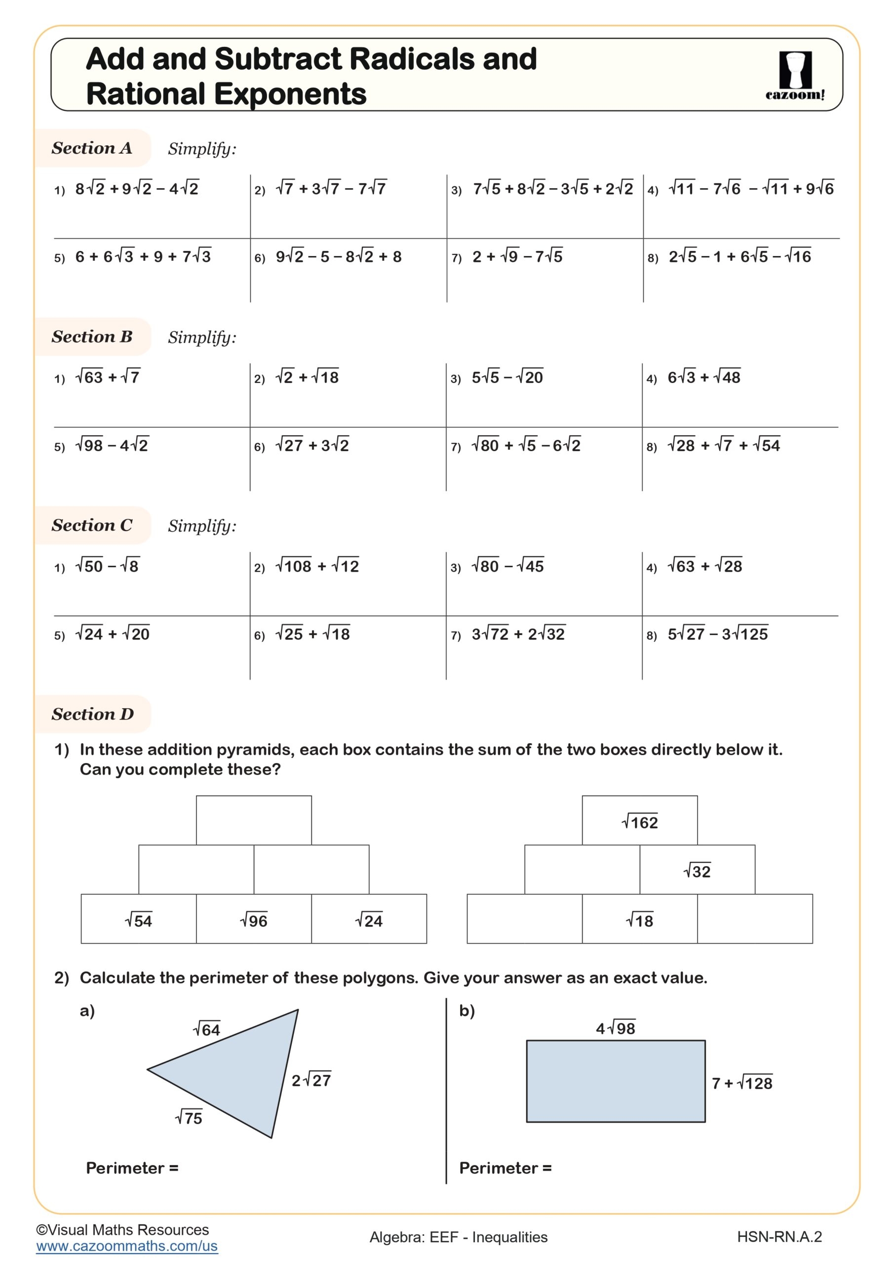 adding and subtracting radicals worksheet