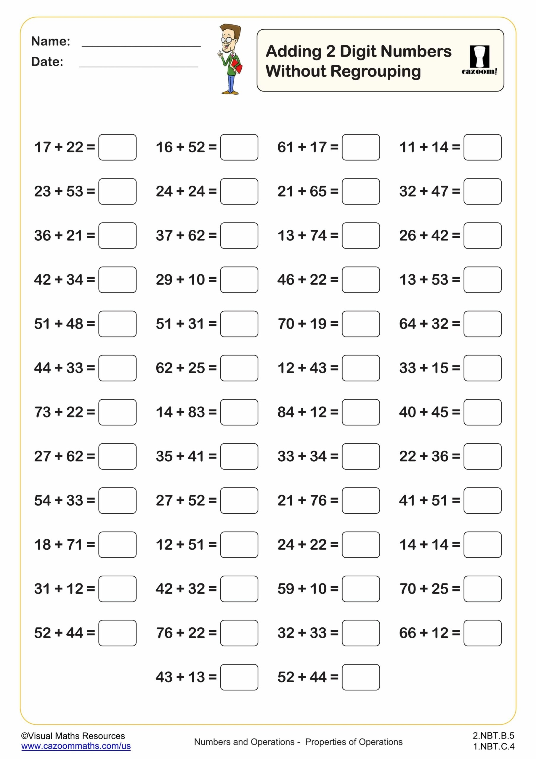 Adding 2 Digit Numbers Without Regrouping 50 Questions Fun And Engaging 2nd Grade PDF Worksheets Cazoom Math