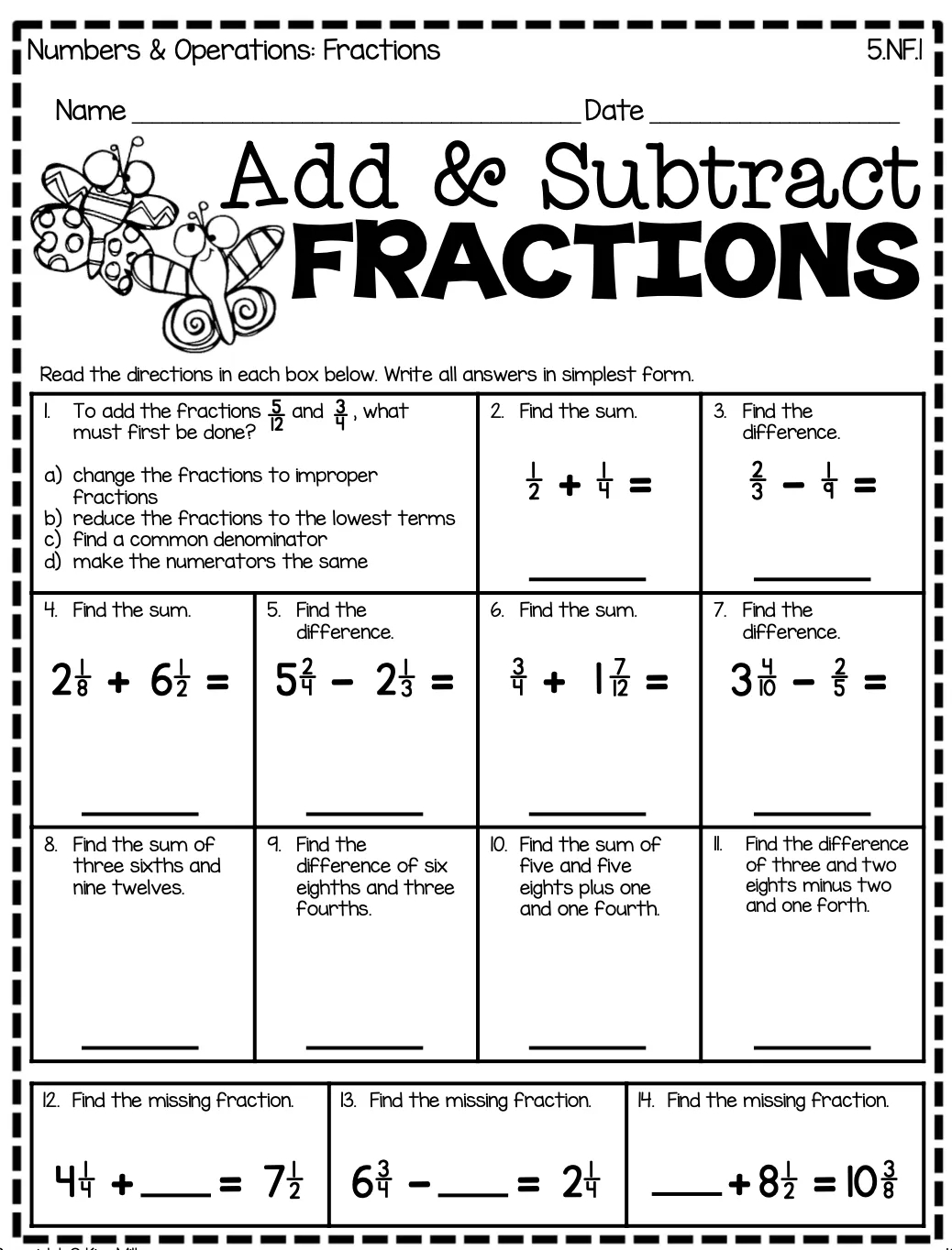 adding and subtracting unlike denominators worksheets