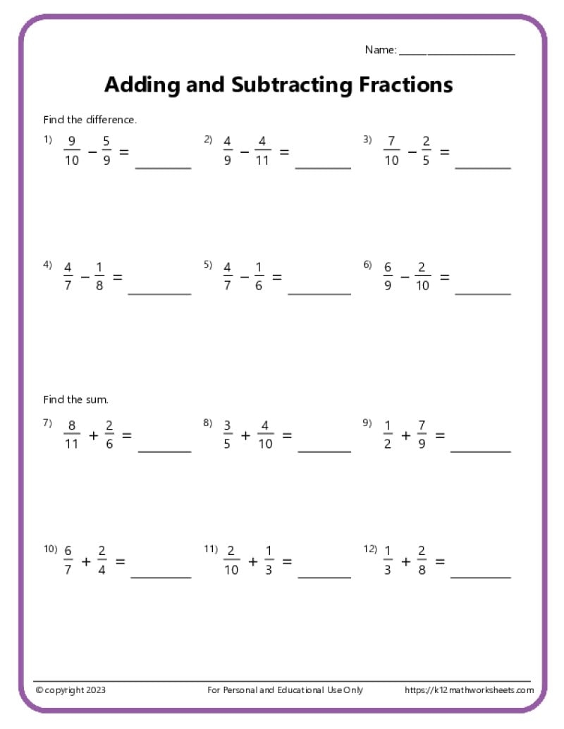 Adding And Subtracting Fractions Worksheets Adding And Subtracting Fractions Worksheets