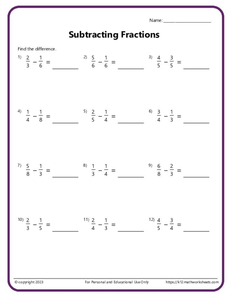 Adding And Subtracting Fractions Worksheets