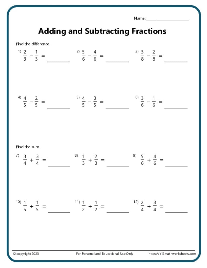 Adding And Subtracting Fractions Worksheets