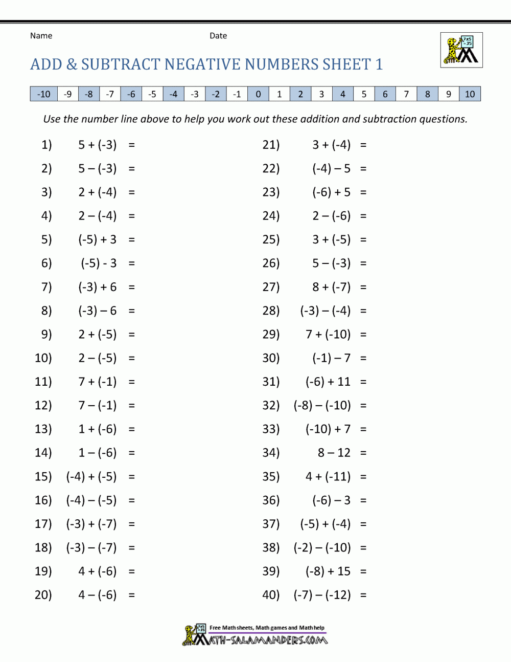adding and subtracting integers worksheet pdf
