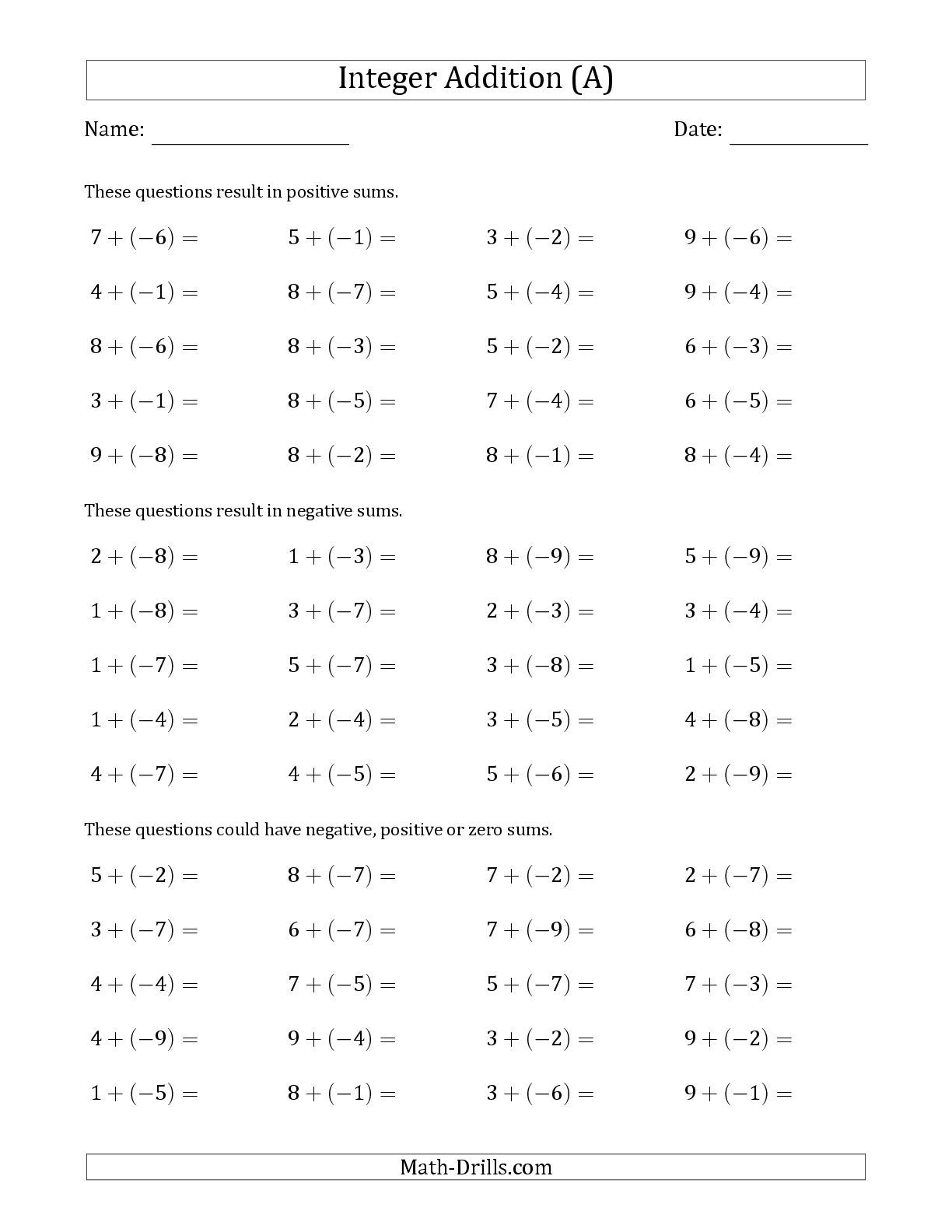 addition and subtraction negative numbers worksheets