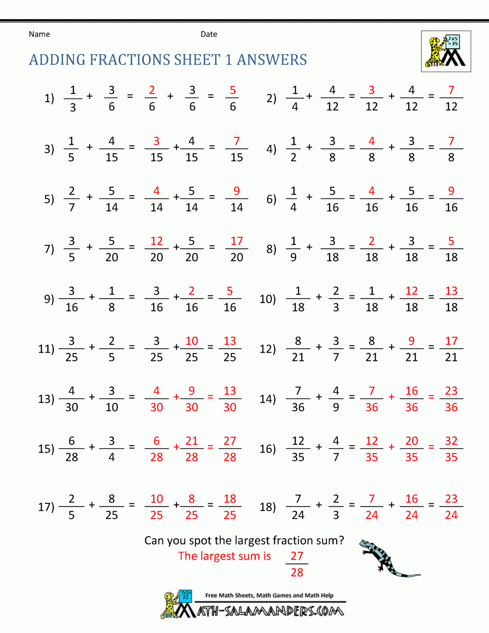 Adding Fractions Sheet 1 Answers
