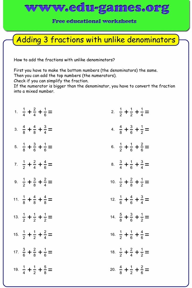 adding fractions with unlike denominators worksheets