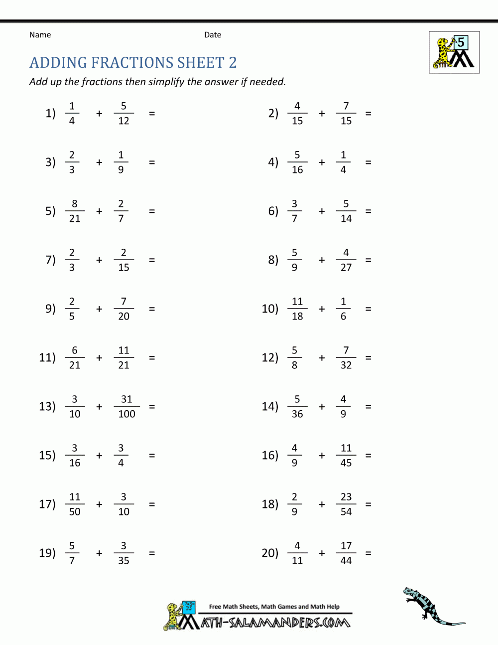 Adding Fractions Worksheets Adding Fractions Worksheets