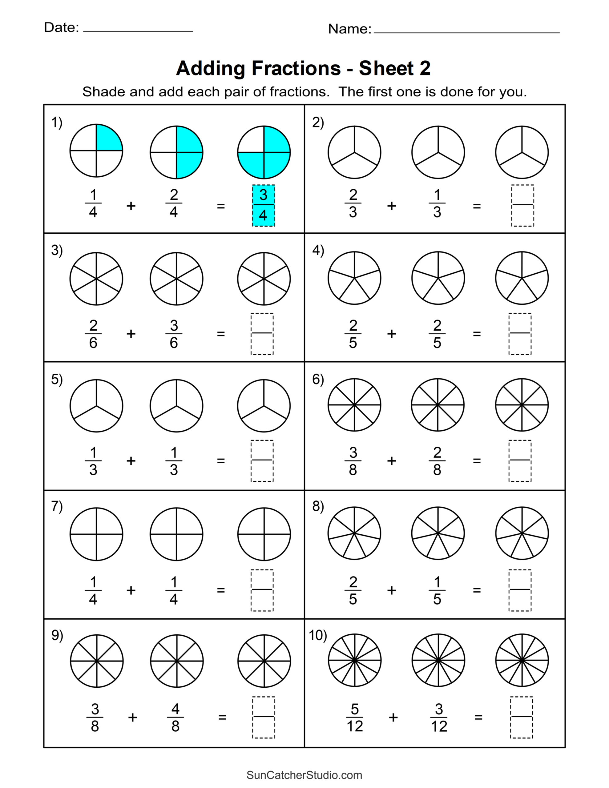 addition of fractions worksheets