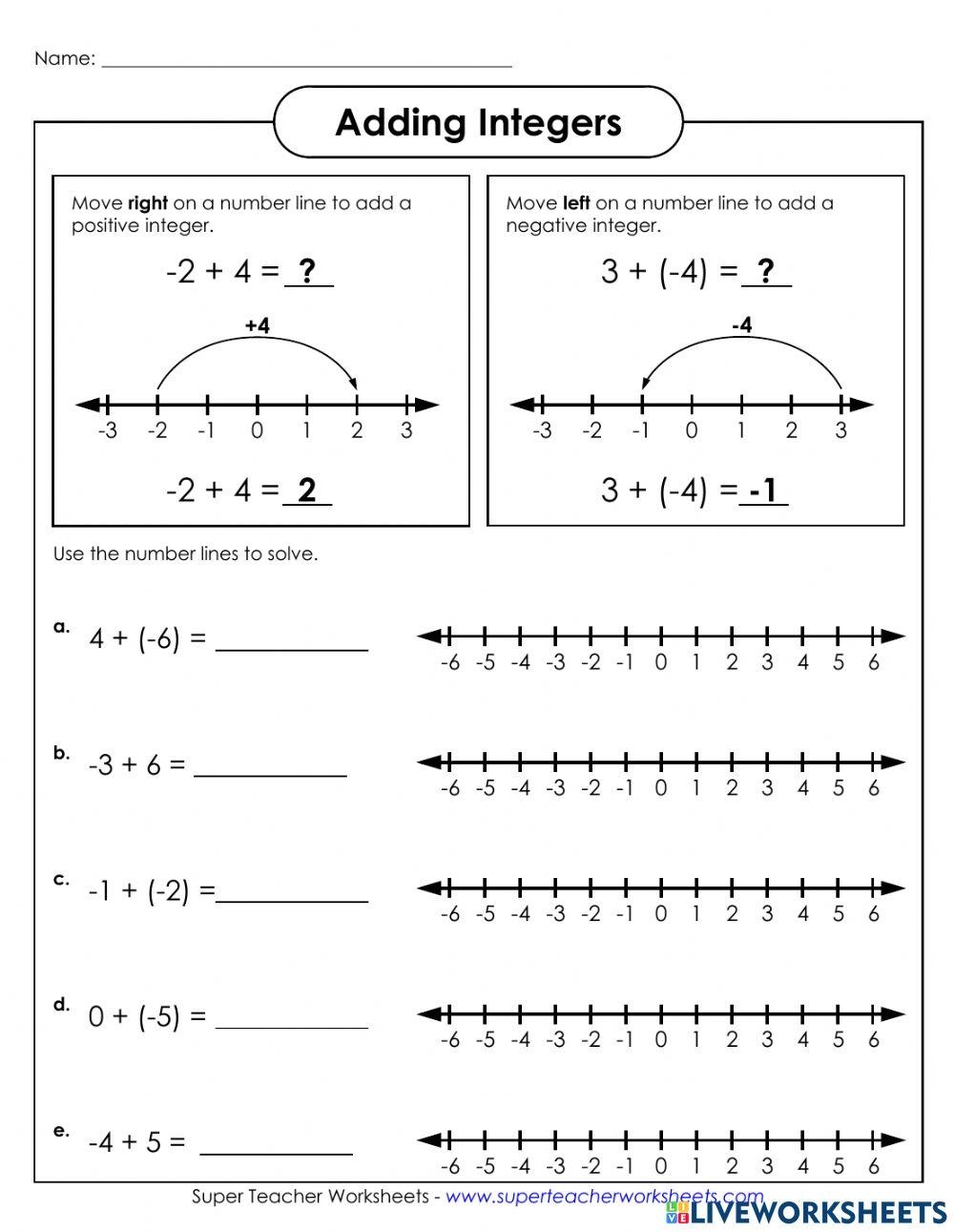 integers on number line worksheet
