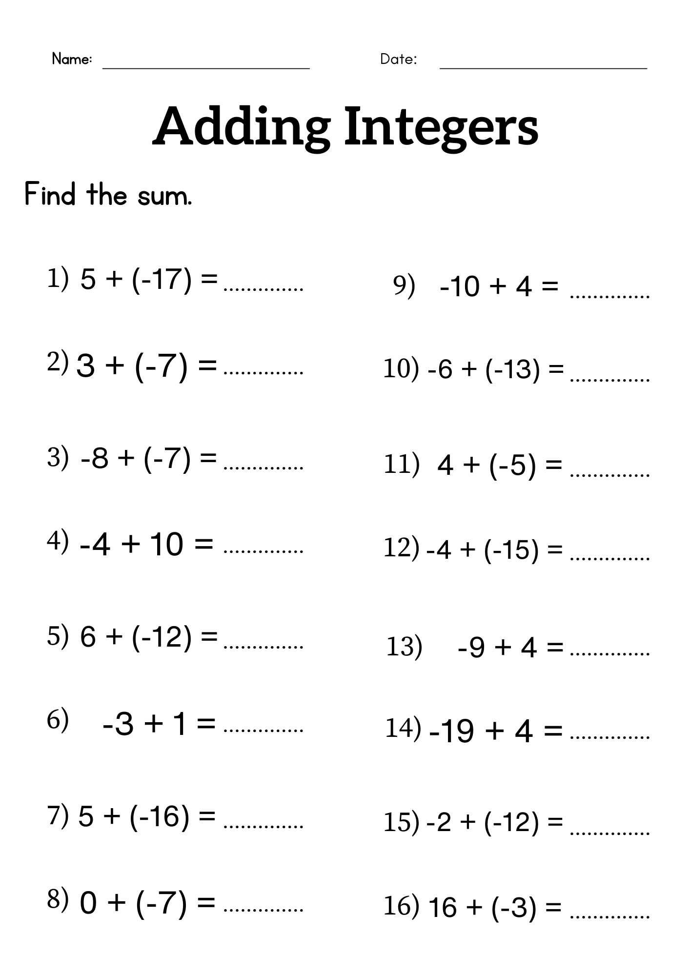 Adding Integers Worksheet Grade 6 Or 7 Addition Of Integers Worksheet Made By Teachers
