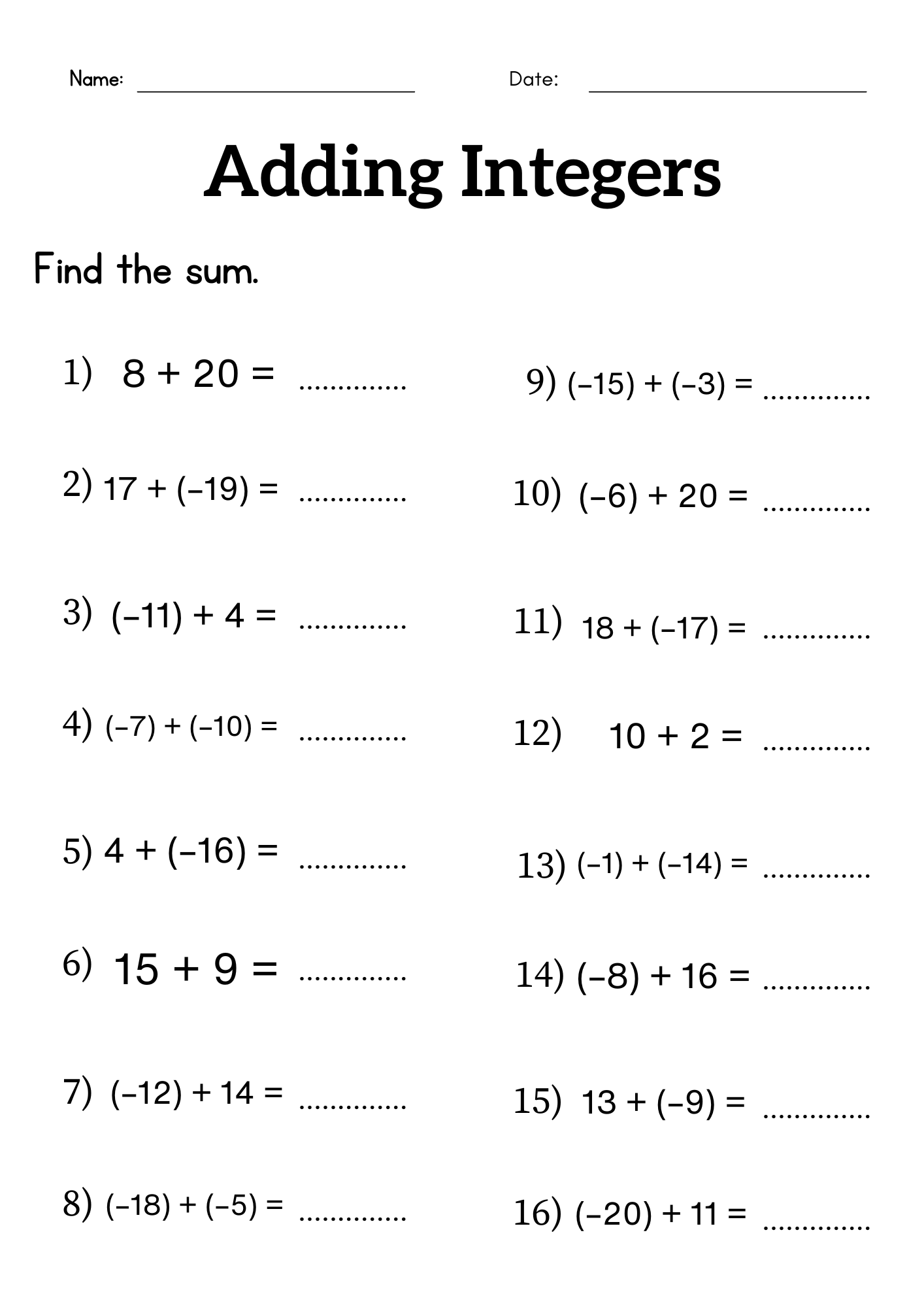 Adding Integers Worksheet Grade 6 Or 7 Addition Of Integers Worksheet Made By Teachers