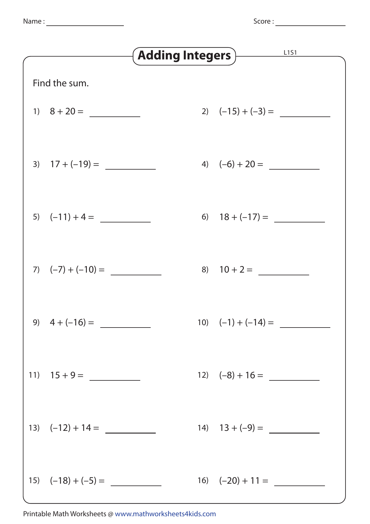 Adding Integers Worksheet Math Practice