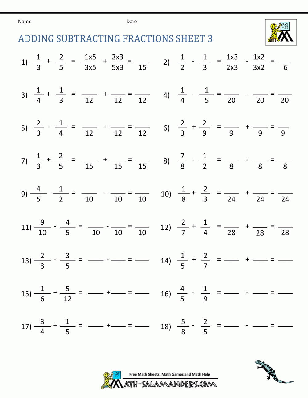 Adding Subtracting Fractions Worksheets